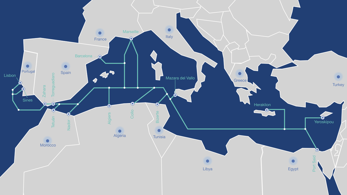 An image of the submarine cable system&amp;#039;s landing points around the Mediterranean