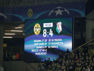 The scoreboard at Borussia Dortmund's stadium shows the biggest score in Champions League history – BVB's 8-4 win over Legia Warsaw in November 2016.