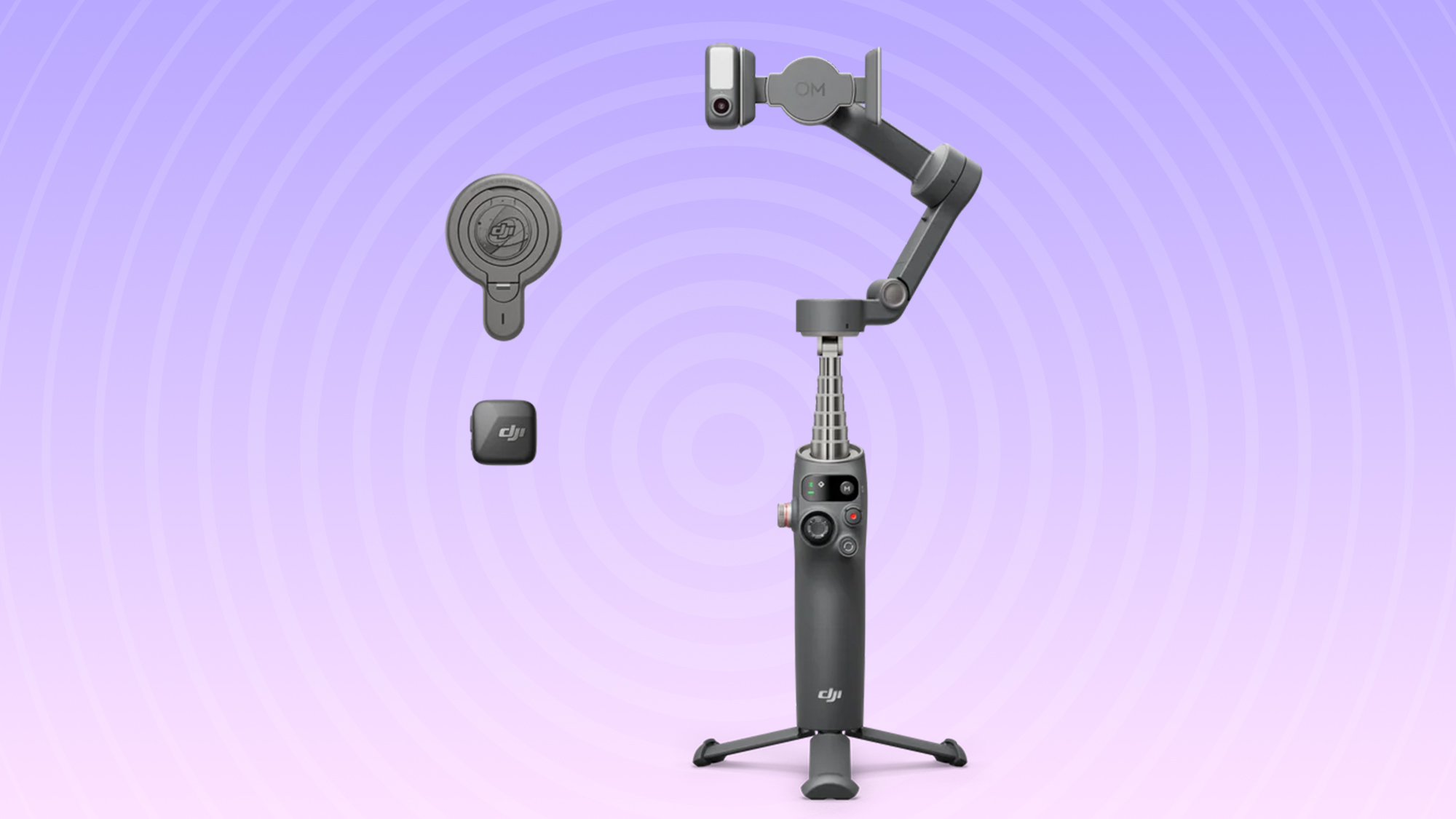 DJI Osmo Mobile 7P phone gimbal on a purple and pink background