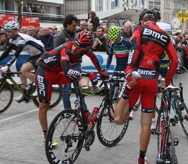 George Hincapie (BMC) stretches before the off.