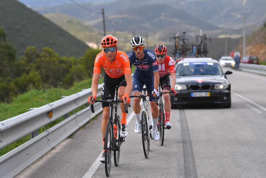 ALTO DA FIA MONCHIQUE PORTUGAL FEBRUARY 20 Michael Schr of Switzerland and CCC Team Dries De Bondt of Belgium and Team AlpecinFenix Casper Pedersen of Denmark and Team Sunweb during the 46th Volta ao Algarve 2020 Stage 2 a 1839 km stage from Sagres Vila do Bispo to Alto da Fia 884m Monchique VAlgarve2020 on February 20 2020 in Alto da Fia Monchique Portugal Photo by Tim de WaeleGetty Images