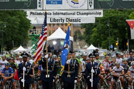 The color guard gets things started in the morning.