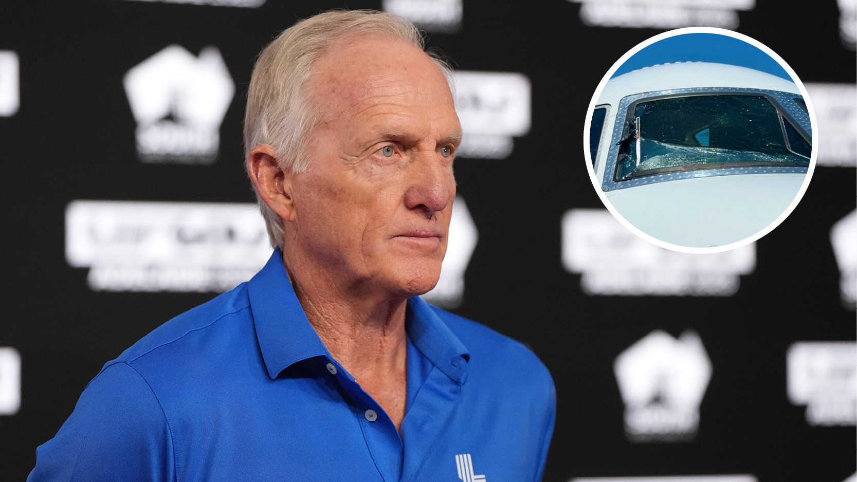 Greg Norman and an inset of the windscreen of the private jet 