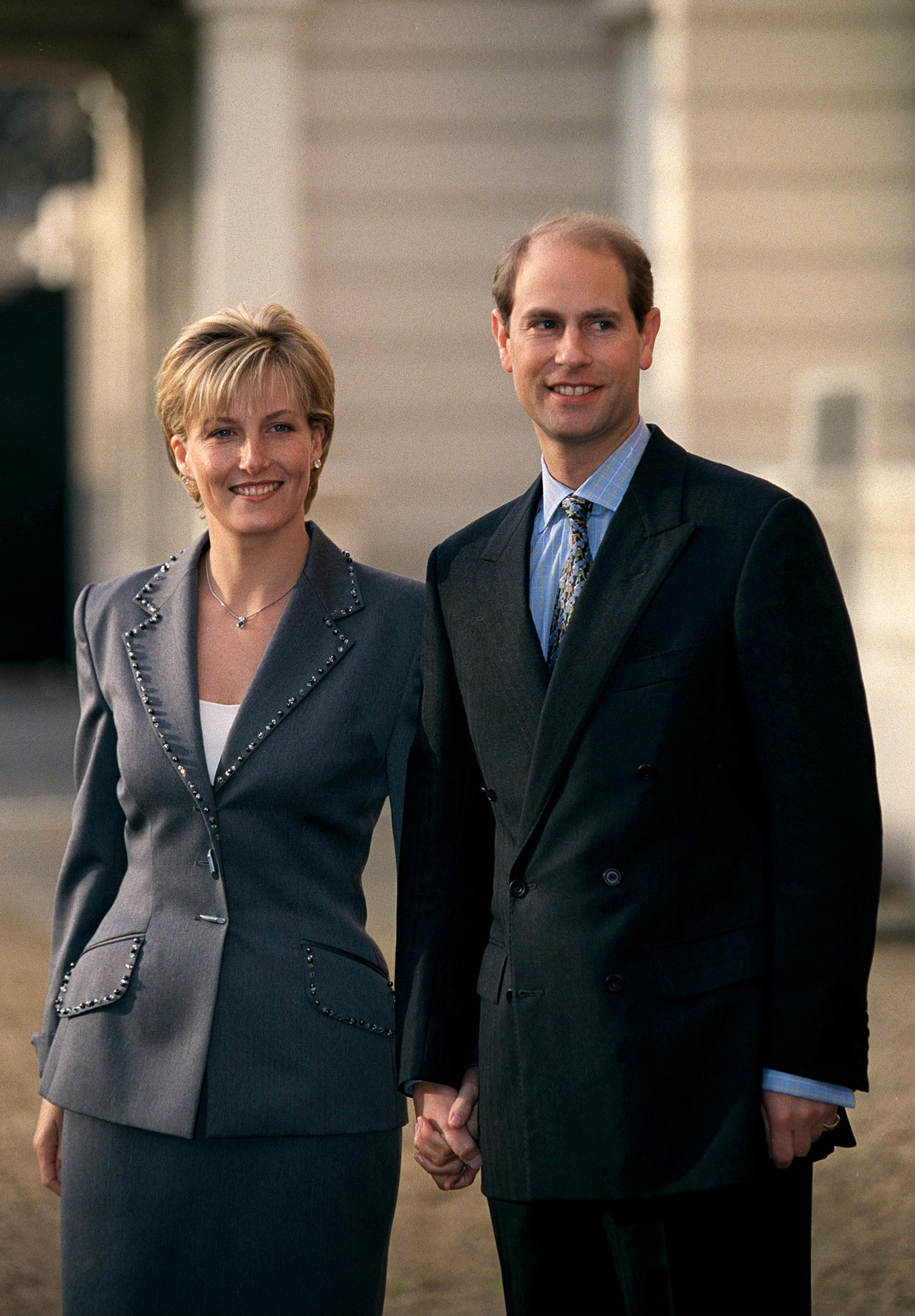 Duchess Sophie and Prince Edward wearing suits on their engagement announcement day