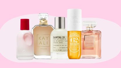 Pictured: the best TikTok perfumes featuring the follow brands; Glossier, Kayali, Le Labo, Sol De Janeiro and Chanel in a pink template