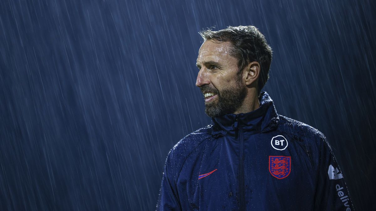 A photo of ex-England manager Gareth Southgate standing in the rain