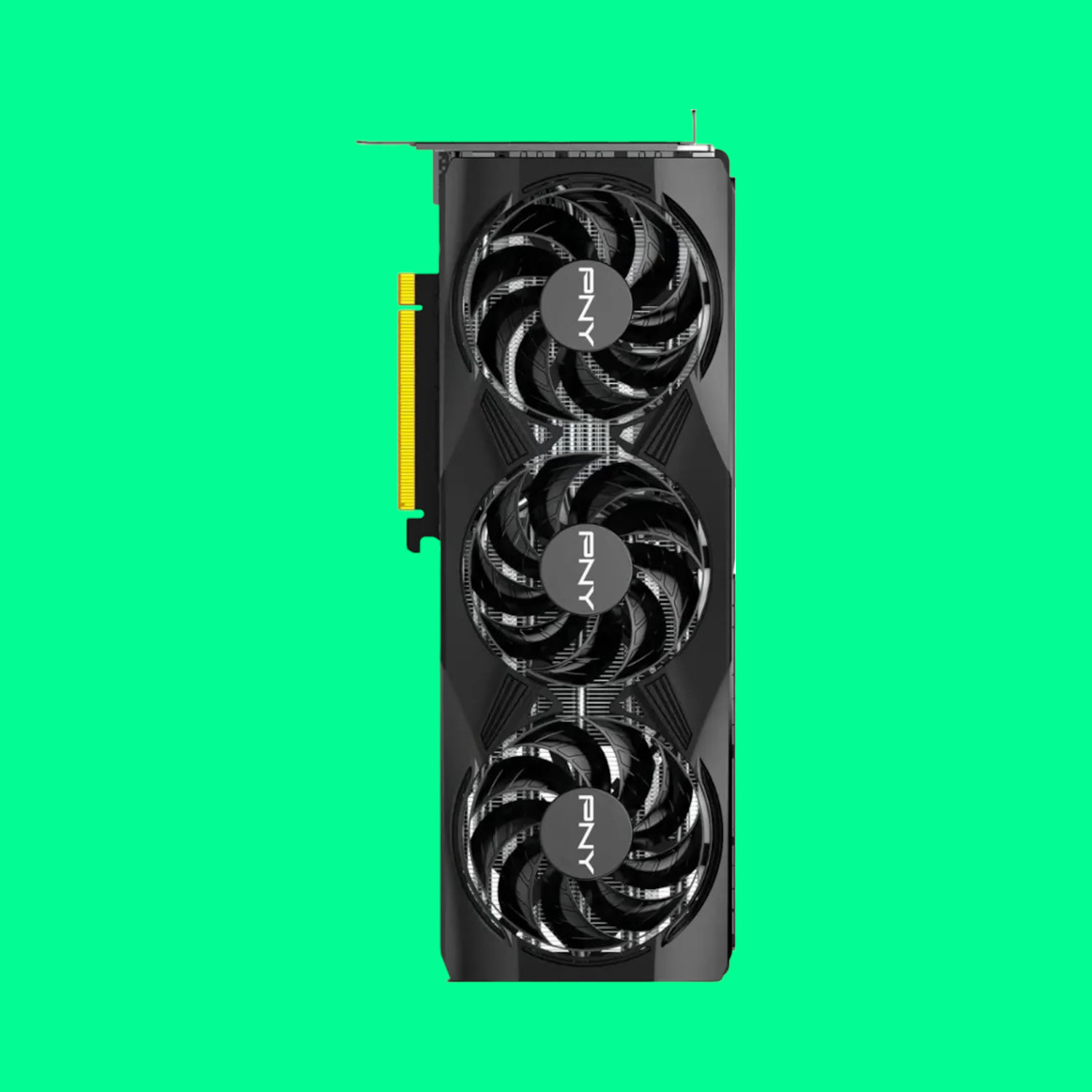 An image of a PNY GeForce RTX 5070 graphics card against a bright green background.