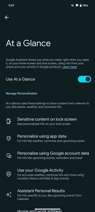 At a Glance unified settings page