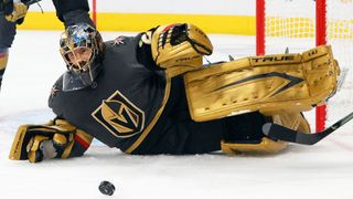 Marc-Andre Fleury #29 of the Vegas Golden Knights makes a save against the Montreal Canadiens in the first period in Game Two of the Stanley Cup Semifinals during the 2021 Stanley Cup Playoffs at T-Mobile Arena on June 16, 2021 in Las Vegas, Nevada.