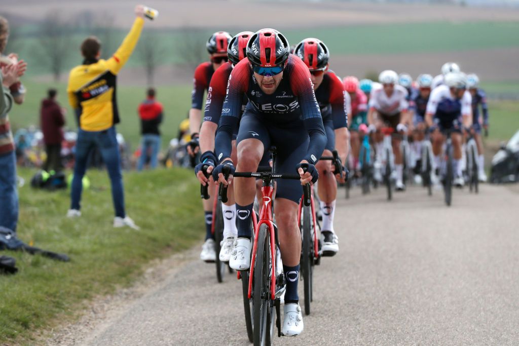 VALKENBURG NETHERLANDS APRIL 10 Laurens De Plus of Belgium and Team INEOS Grenadiers leads the peloton during the 56th Amstel Gold Race 2022 Mens Elite a 2541km one day race from Maastricht to Valkenburg AGR2022 WorldTour on April 10 2022 in Valkenburg Netherlands Photo by Bas CzerwinskiGetty Images