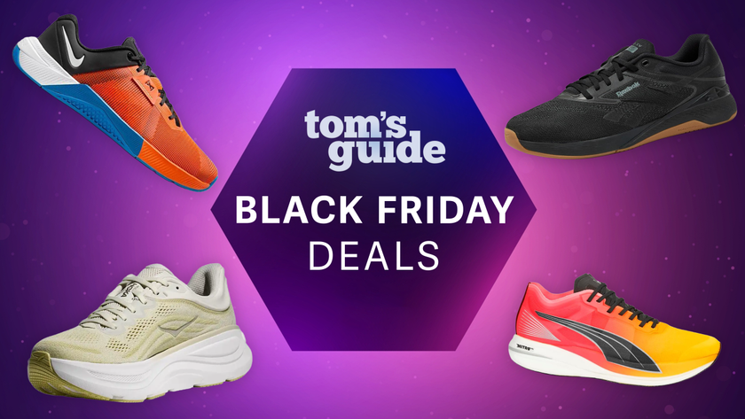 Sneakers on purple background with Black Friday deal badge center