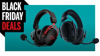 Black HyperX and Razer gaming headsets on turquoise background with Black Friday Deals logo