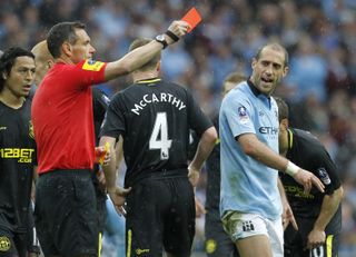 Manchester City's Pablo Zabaleta is sent off in the 2013 Champions League final against Wigan.