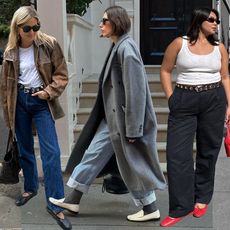 collage featuring three fashion influencers wearing chic outfits with comfortable shoes like ballet flats and loafers