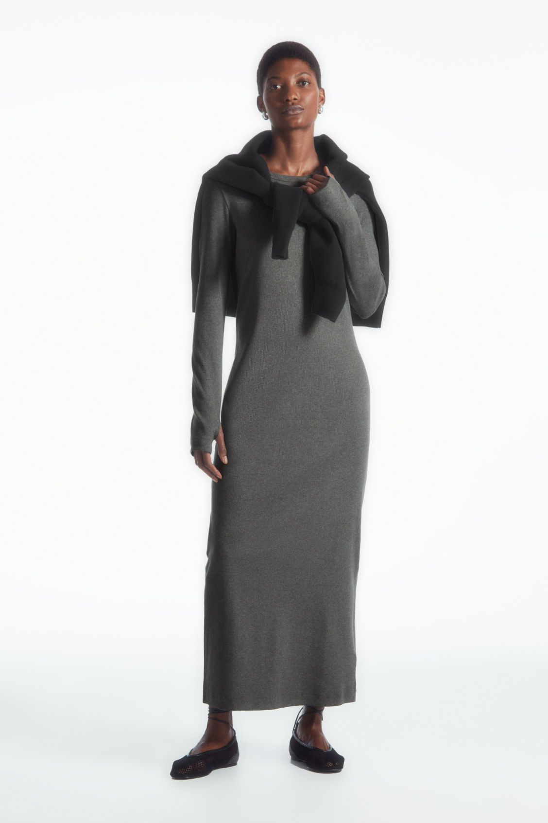 Ribbed Long-Sleeved Midi Dress