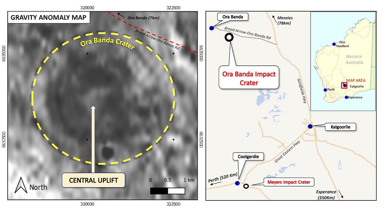A gravity anomaly map (left) of the newfound crater shows the "pucker" uplift in the middle of the crater; a map of the general area (right) pinpoints the Ora Banda Impact Crater.