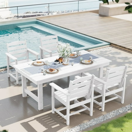 Serwall Patio Dining Set, 5-Piece Rectangular Hdpe Dining Table With Umbrella Hole &amp;amp; 4 Chairs, White