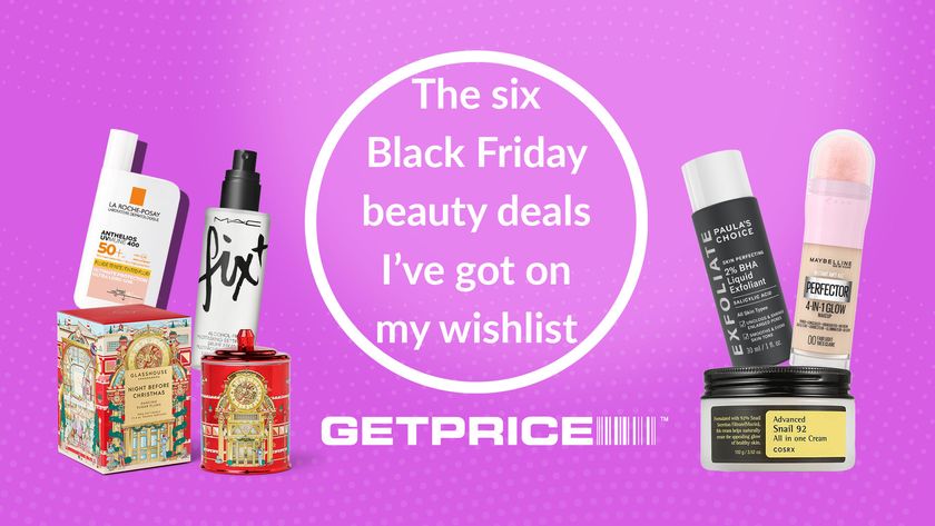 Pink/purple background with white circle in the middle with text that says The six Black Friday beauty deals I've got on my wishlist with scattered images of beauty products around