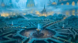 A vast maze at night, with a fountain in the center and city rooves in the background