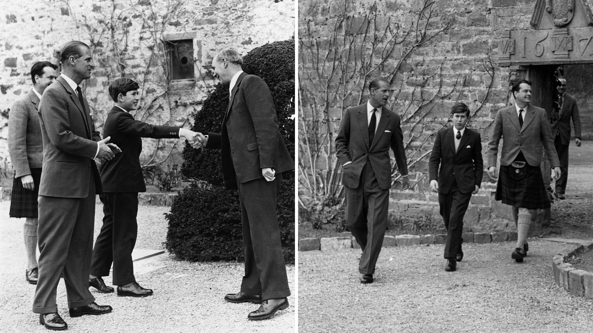 A comp image of King Charles accompanied by Prince Philip and the headmaster of Gordonstoun School in 1962