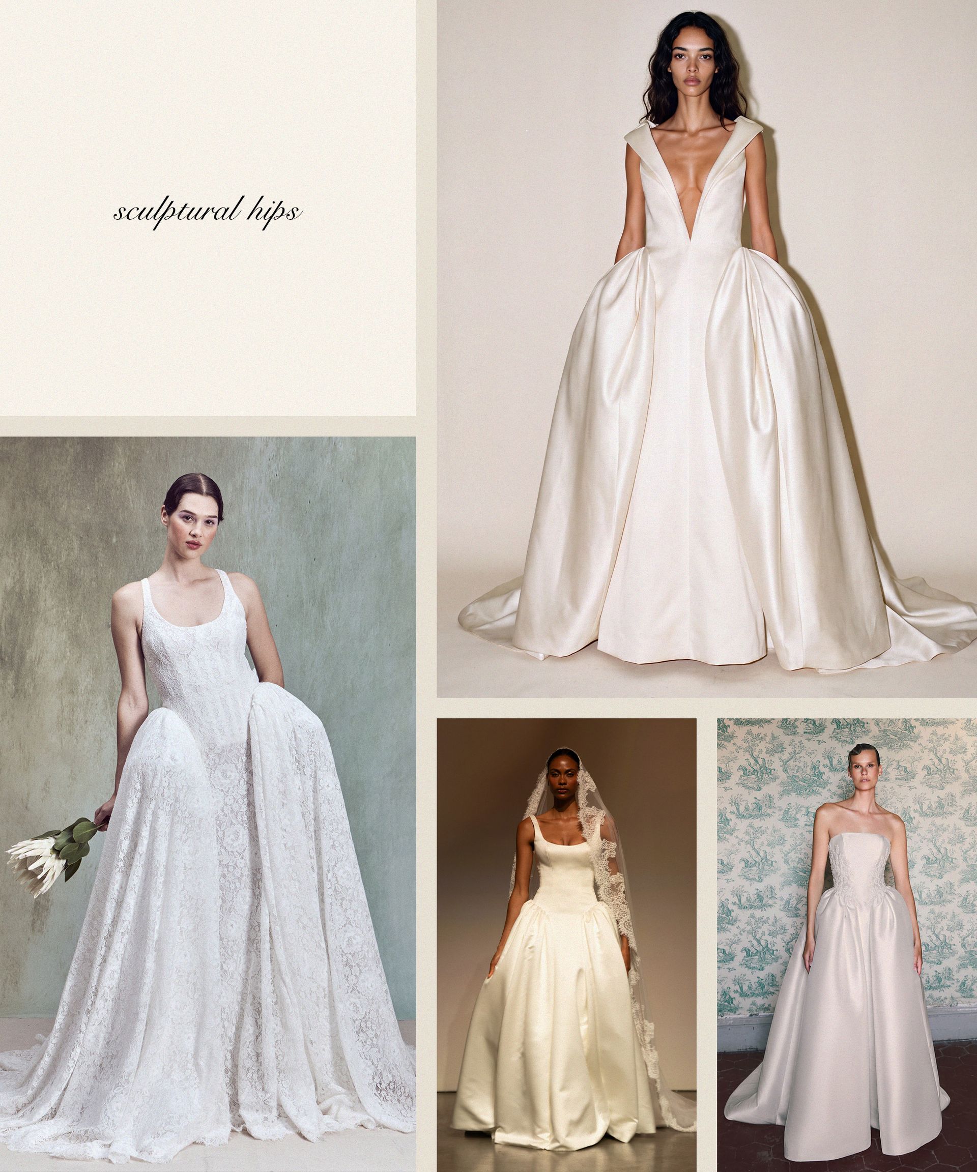 a collage of models showing wedding dresses with sculptural hips.
