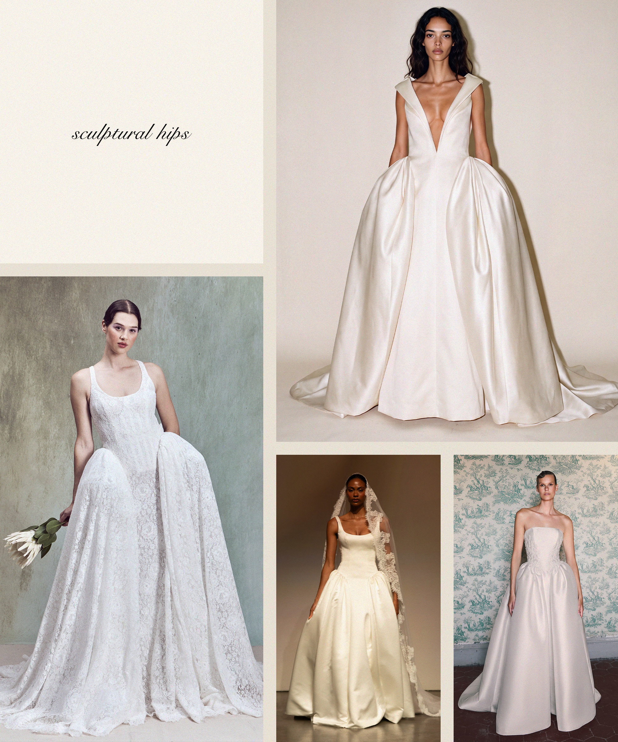 a collage of models showing wedding dresses with sculptural hips.