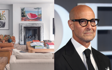 A split image with a picture of a living room with a coffee table styled with books, and a headshot of Stanley Tucci in a suit and tie 