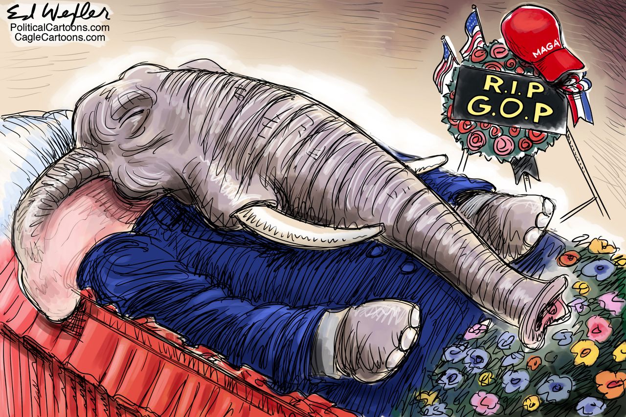 Political Cartoon U.S. GOP funeral Trump Impeachment