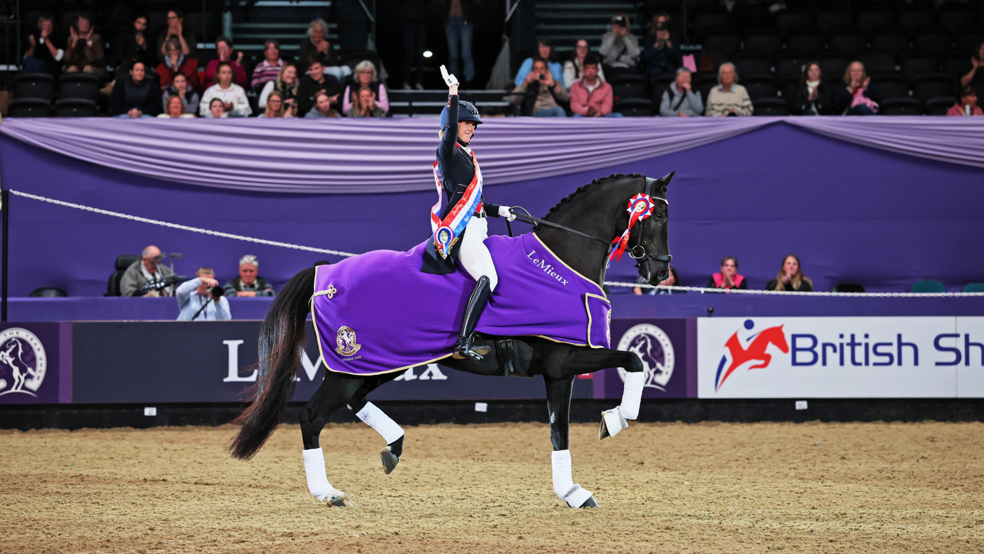 Laura Tomlinson, wearing a winner&rsquo;s sash, raises an arm in celebration on Ostmarks Digal, who wears a purple rug and rosette, in the HOYS arena