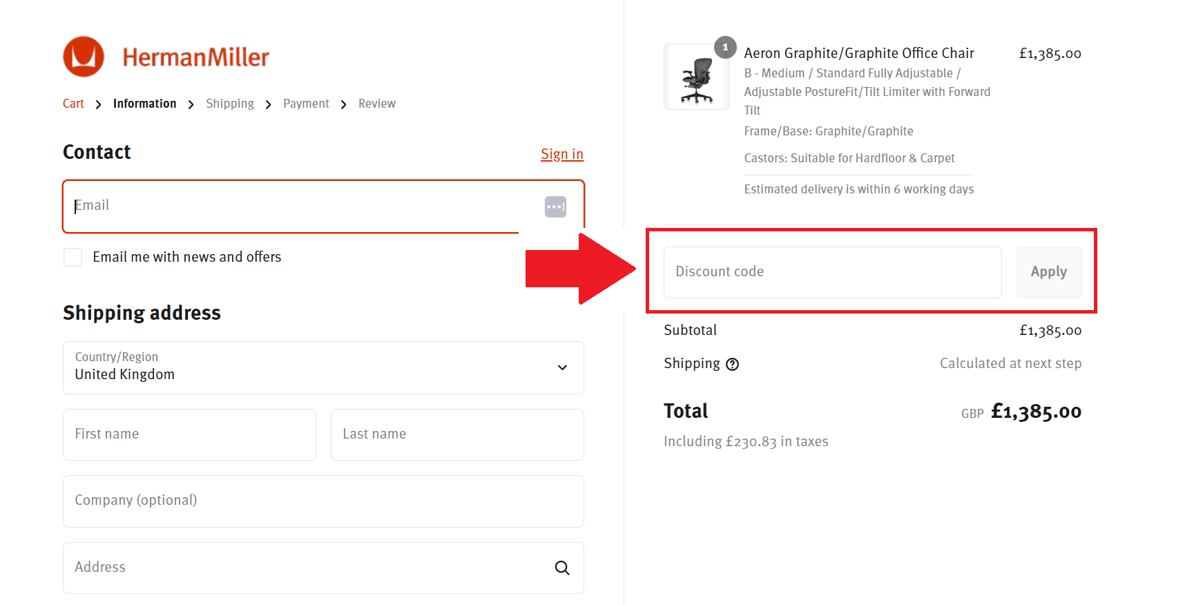 A screenshot of the Herman Miller checkout page showing where to enter your Herman Miller discount code