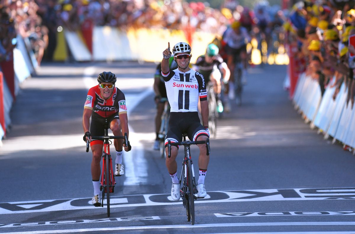 Michael Matthews celebrating his win over Greg Van Avermaet in Rodez