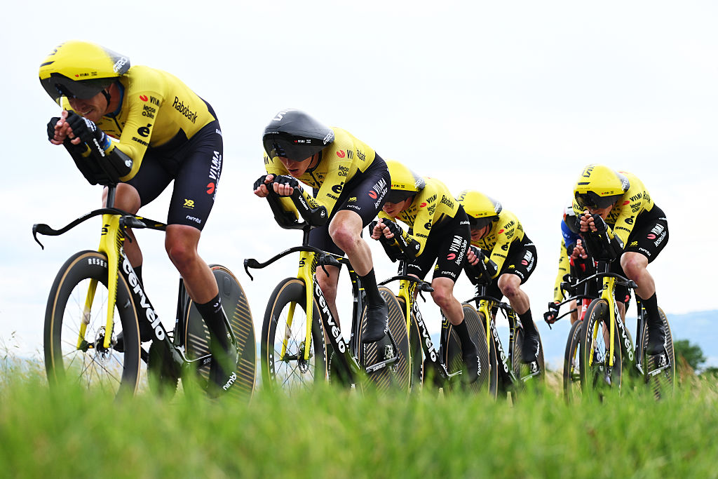 PERREUX, FRANCE - JUNE 09: Matteo Jorgenson of United States and Team Visma | Lease a Bike competes during the 78th Tour Auvergne-Rhone-Alpes 2026, Stage 3 a 28.4km team time trial stage from Perreux to Perreux / #UCIWT / on June 09, 2026 in Perreux, France. (Photo by Dario Belingheri/Getty Images)