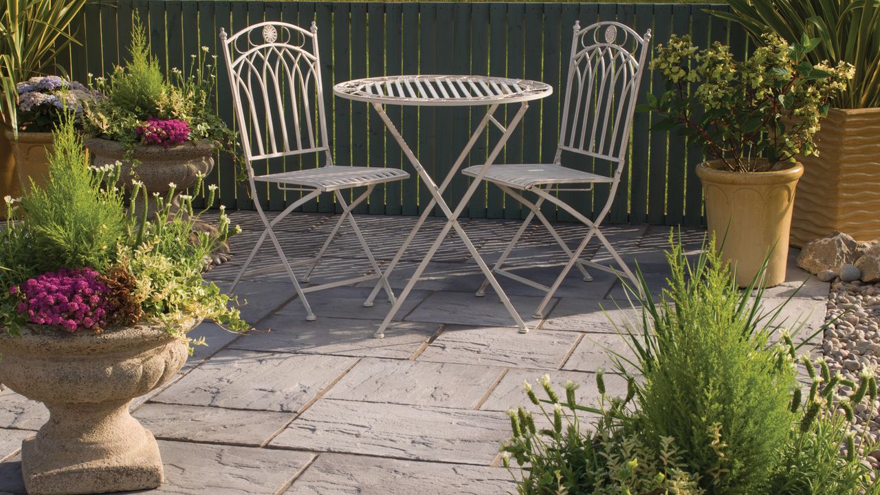 patio paved in Ashbourne Weathered Grey paving from Bradstone