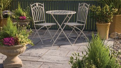 patio paved in Ashbourne Weathered Grey paving from Bradstone