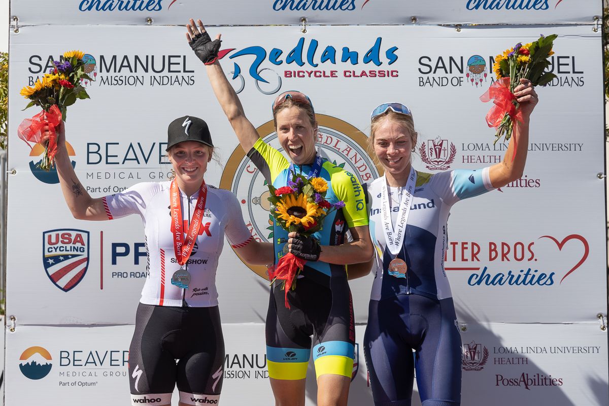 Women's podium Lisa Cordova (Live Play Real Estate) in 1st, Olivia Cummins (LUX-CTS p/b Specialized) in 2nd, and Rylee McMullen (Instafund LaPrima) in 3rd.