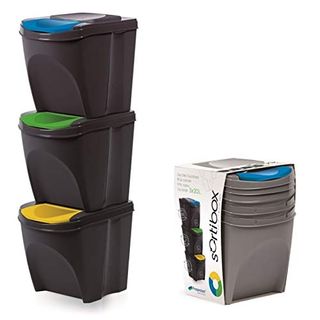 Krysgo 20 Litre Large Stackable Recycling Sorting Colour Coded Plastic Bins With Hinged Lids (black, Set of 3)