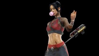 Zombie slayer Amy chews bubble gum while holding a blood-soaked weapon