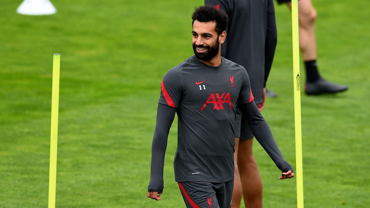 Mohamed Salah of Liverpool is all smiles during a training session at Melwood Training Ground on September 10.