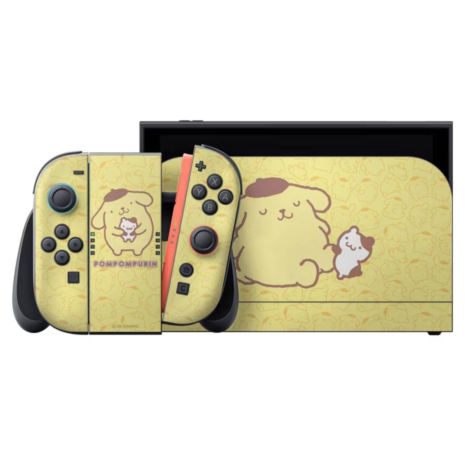 Image of the PomPomPurin Nintendo Switch 2 console skin by Razer with a white background.