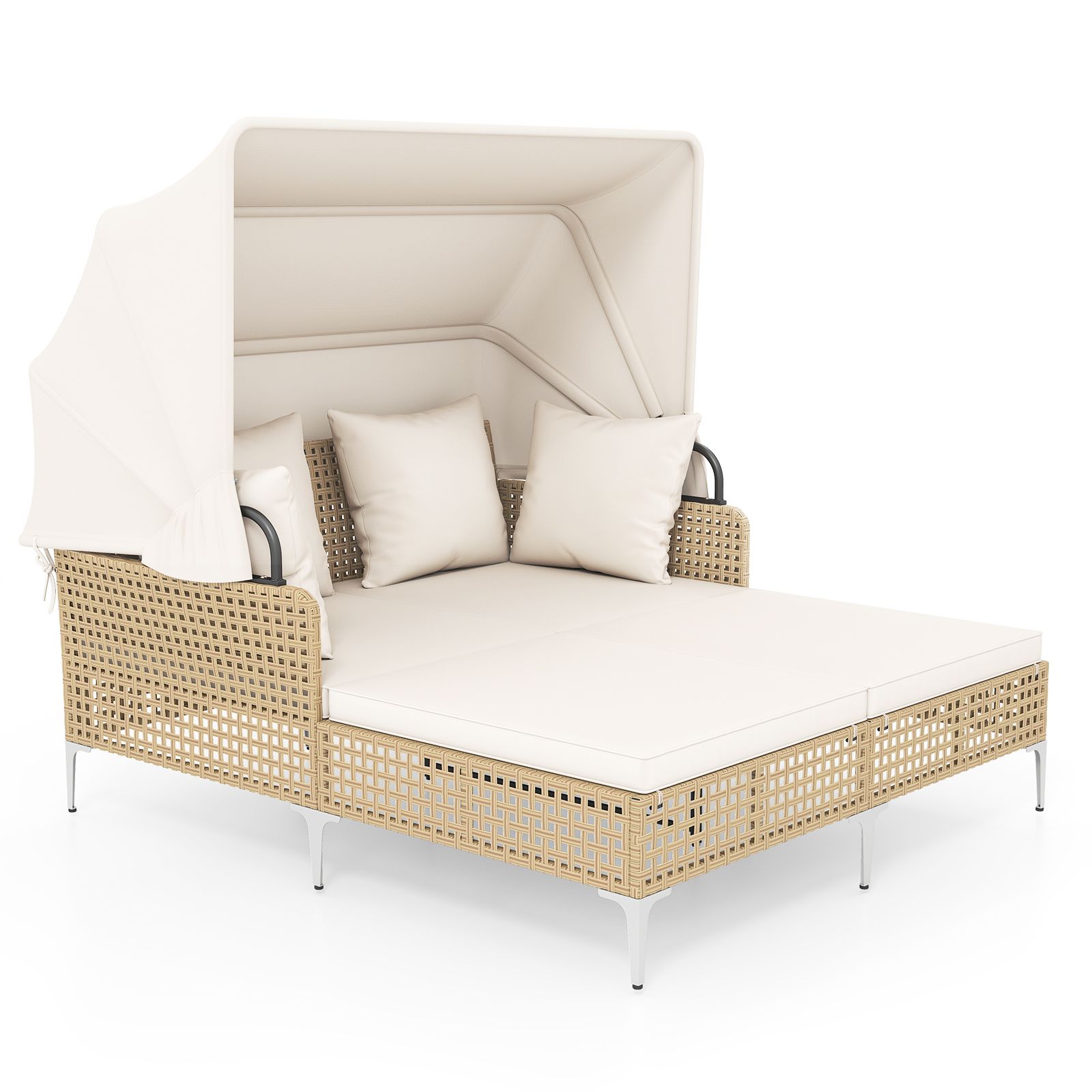 Patio Daybed W/retractable Canopy Pe Rattan Wicker Double Lounger Bed