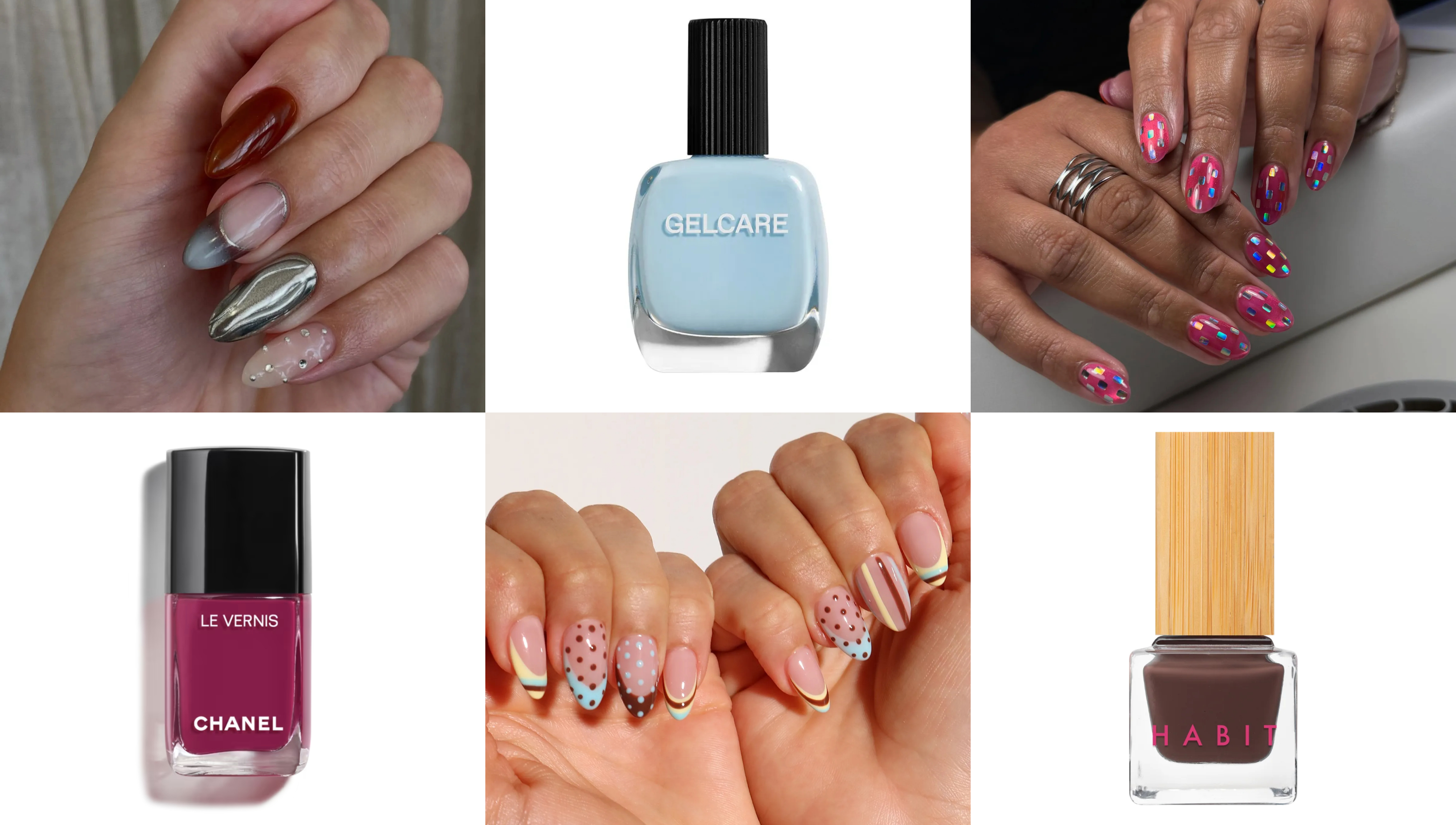 A collage featuring colorful nail art designs and nail polish bottles in blue, burgundy, and brown shades