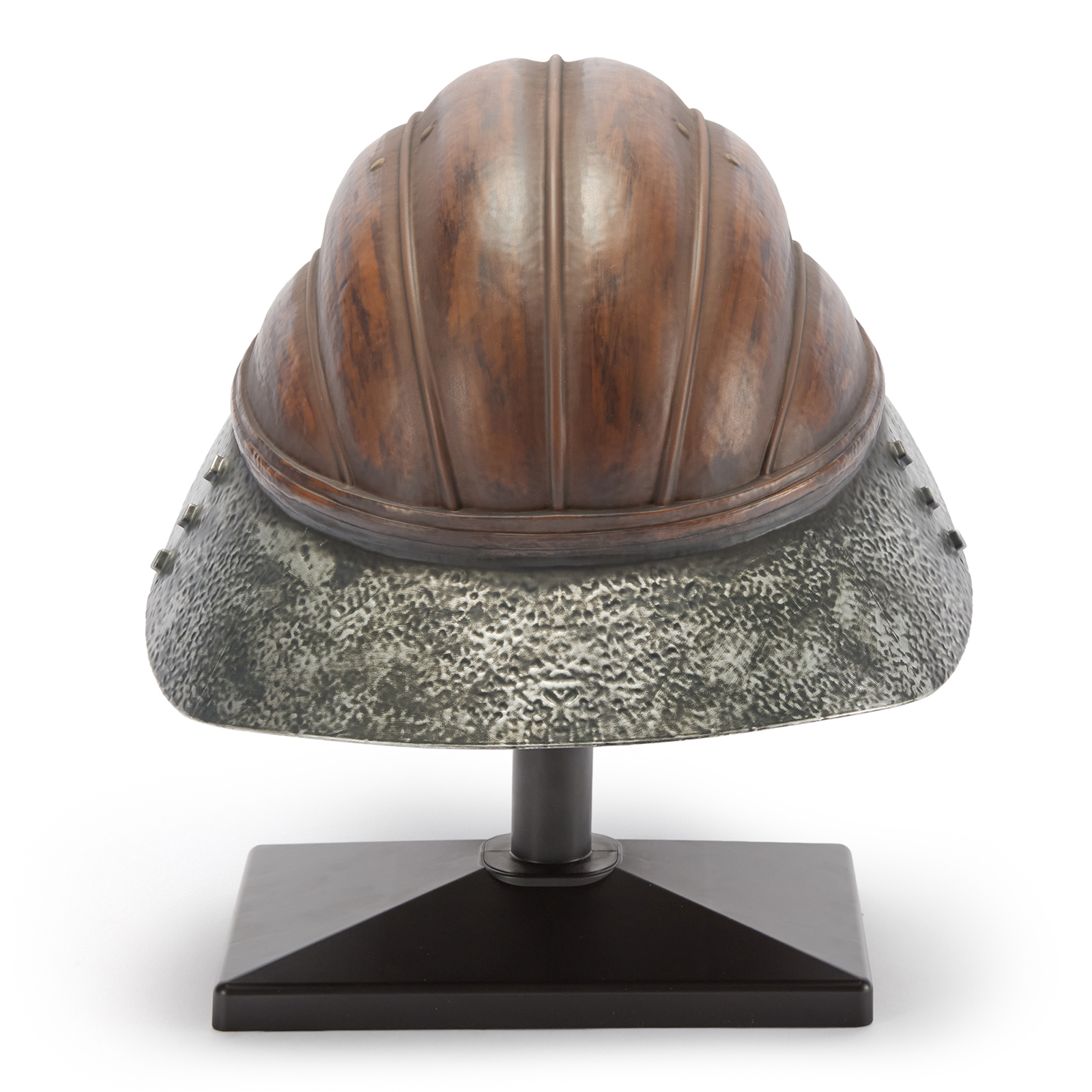 An image of the Lando Calrissian's Skiff Guard Helmet collectable on a display stand from the back