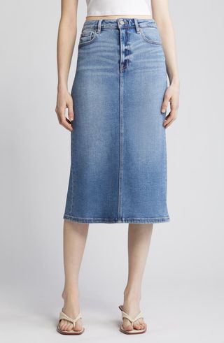 Back Slit Denim Midi Pencil Skirt