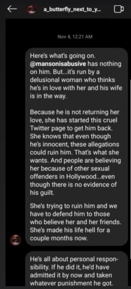 A screengrab of harassment sent to the Mansonisabusive Instagram page