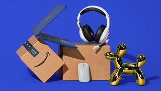 Prime Big Deal Days 2024 - laptop, mouse, gaming headset, two Amazon prime boxes and a gold balloon animal against a blue backgtround