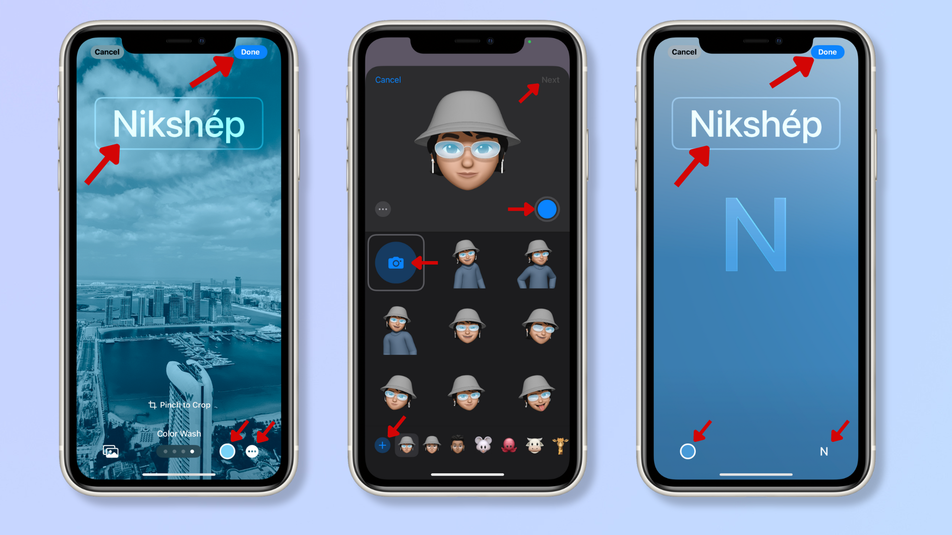 The first screenshot shows the Photo Poster, with red arrows pointing at the contact name, color icon, depth effect icon, and Done. The second screenshot shows the Memoji Poster creation menu, with red arrows pointing at a plus icon, camera icon, blue shutter icon, and Next. The third screenshot shows the Monogram Poster, with red arrows pointing at the contact name, color icon, monogram icon, and Done. 