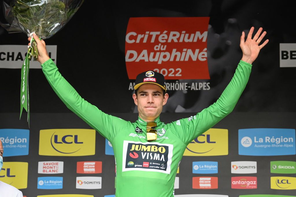 Wout van Aert in the green jersey after winning stage 1 of the Criterium du Dauphine