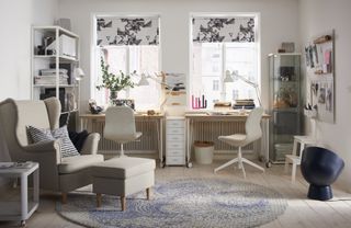home office with white scheme and geometric print blinds from ikea
