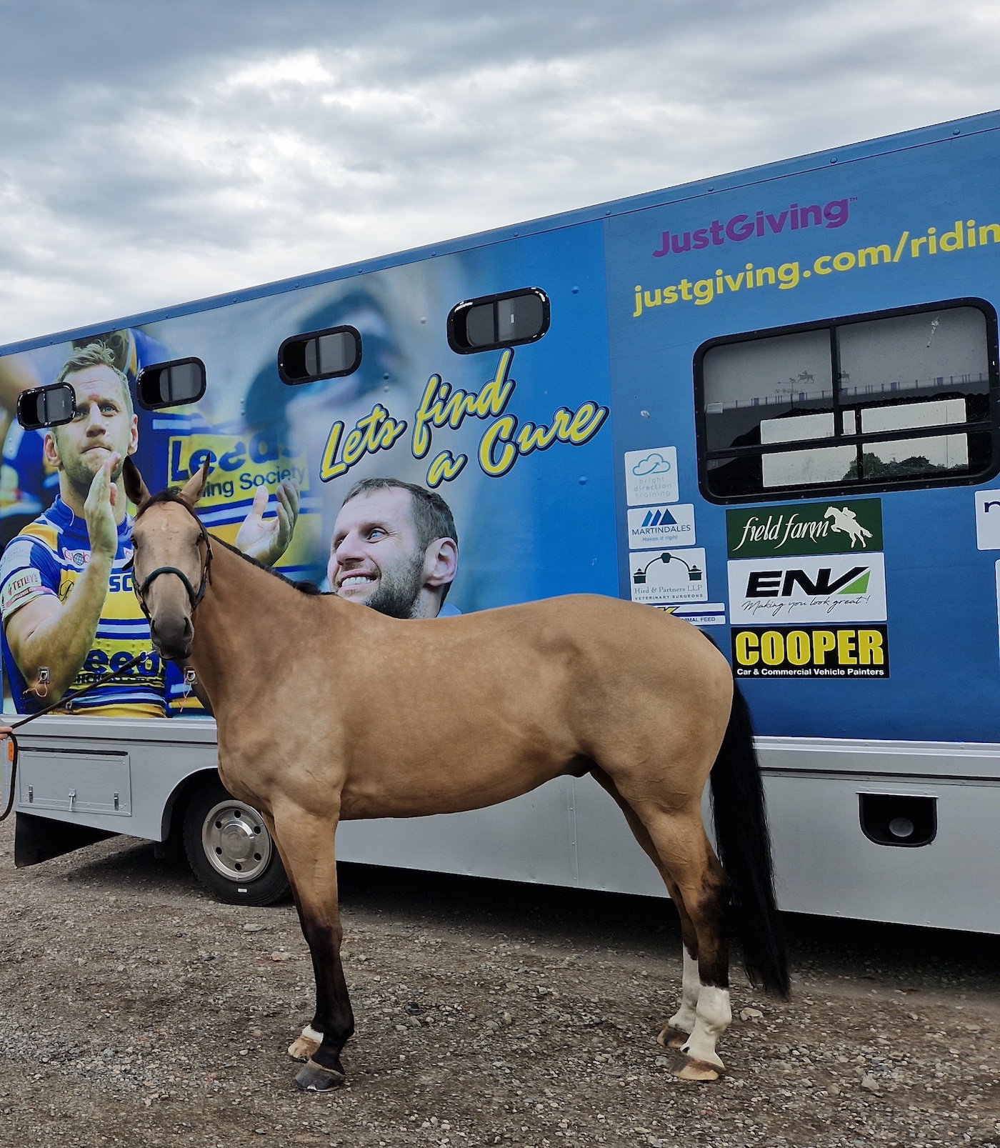 Equestrian Dave Farrington has had his horsebox vinyl wrapped, pictured, showing images of former rugby player Rob Burrows who was diagnosed with motor neurone disease in 2019
