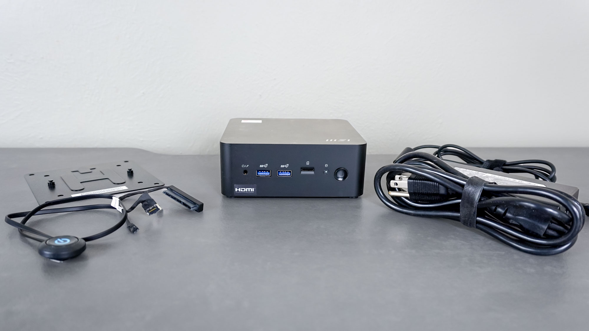 The MSI Cubi NUC 1M unboxed on a desk
